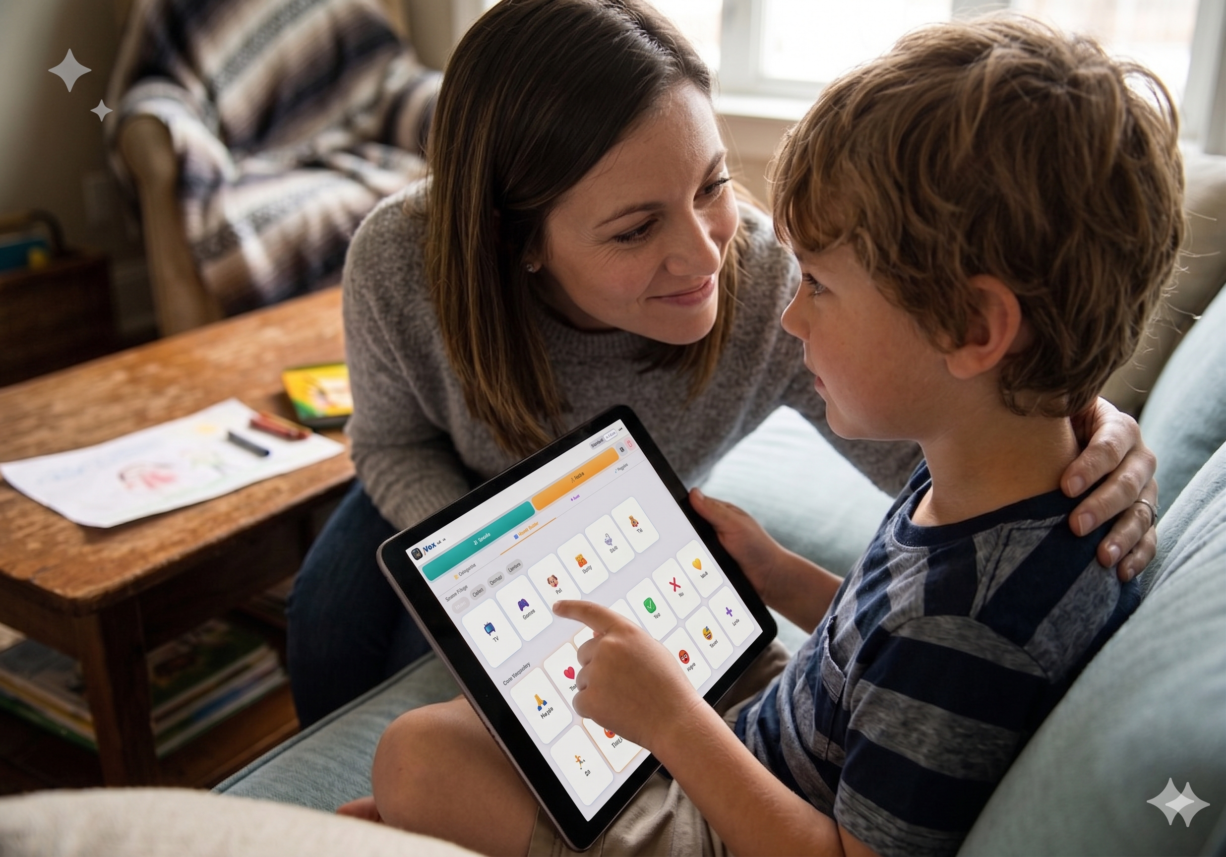 A parent and child using jVox AAC together at home