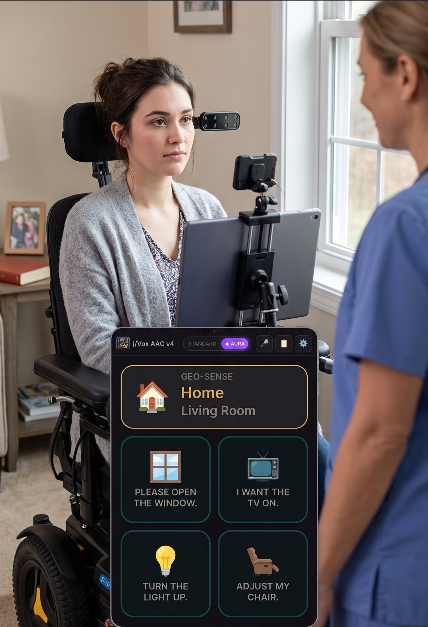 An adult AAC user communicating via jVox at home