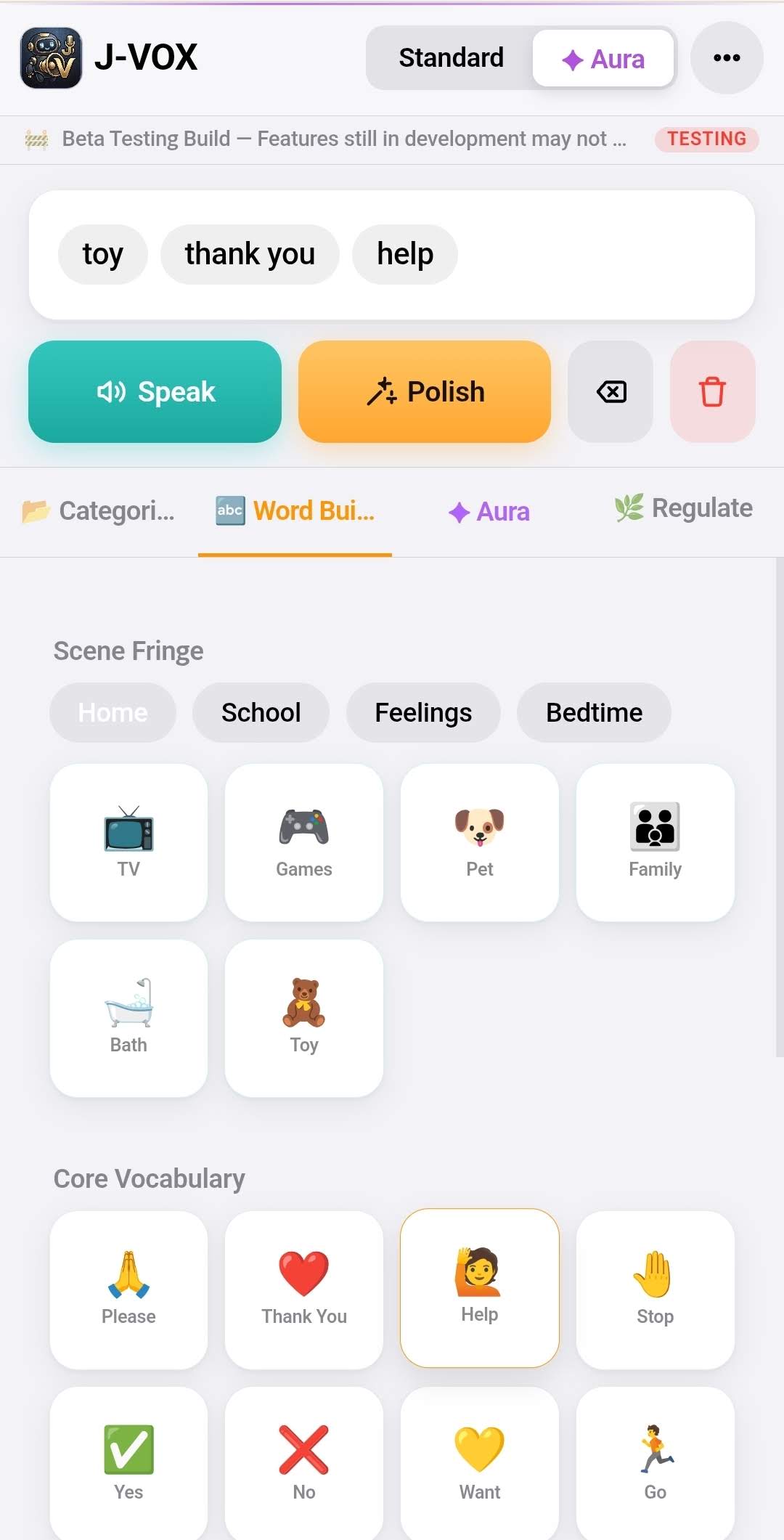 jVox Word Builder with toy, thank you and help tapped